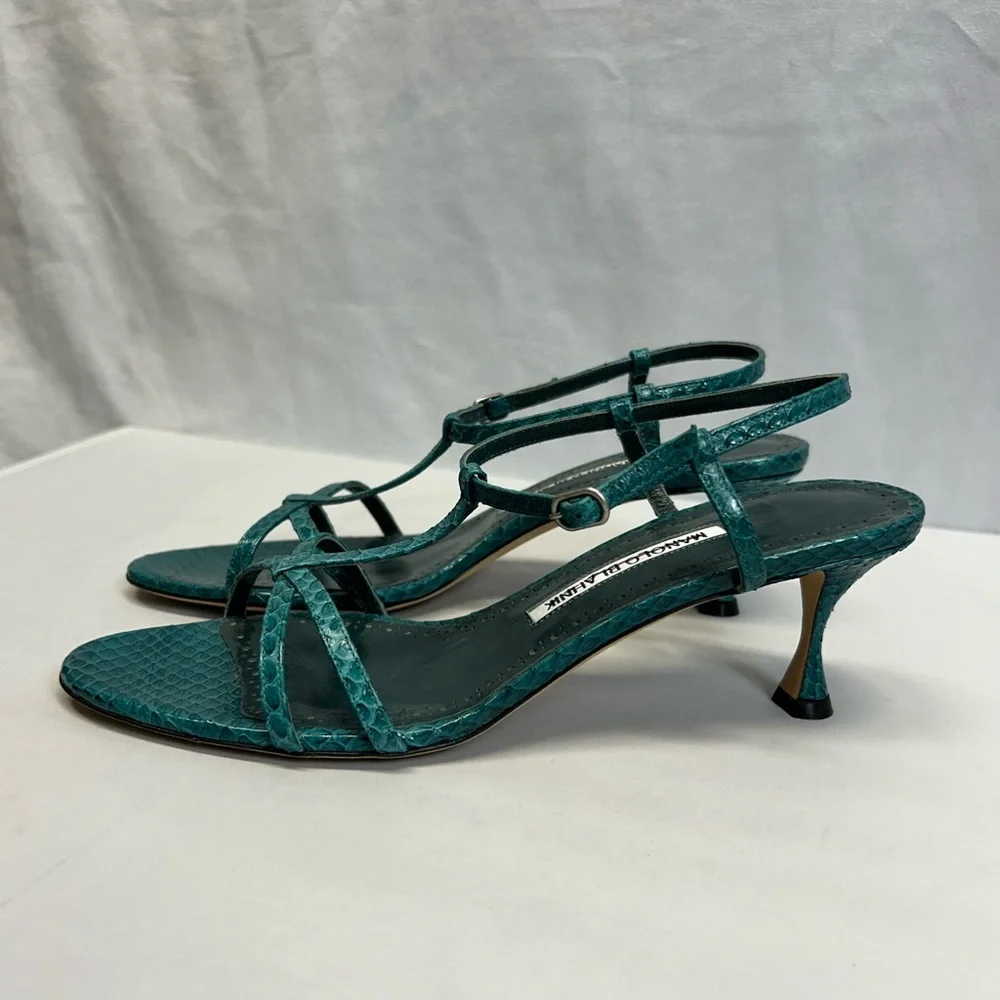Manolo Blahnik Teal Snakeskin Open Toe Strappy heels Sandals Sz 8.5 - Picture 4 of 7
